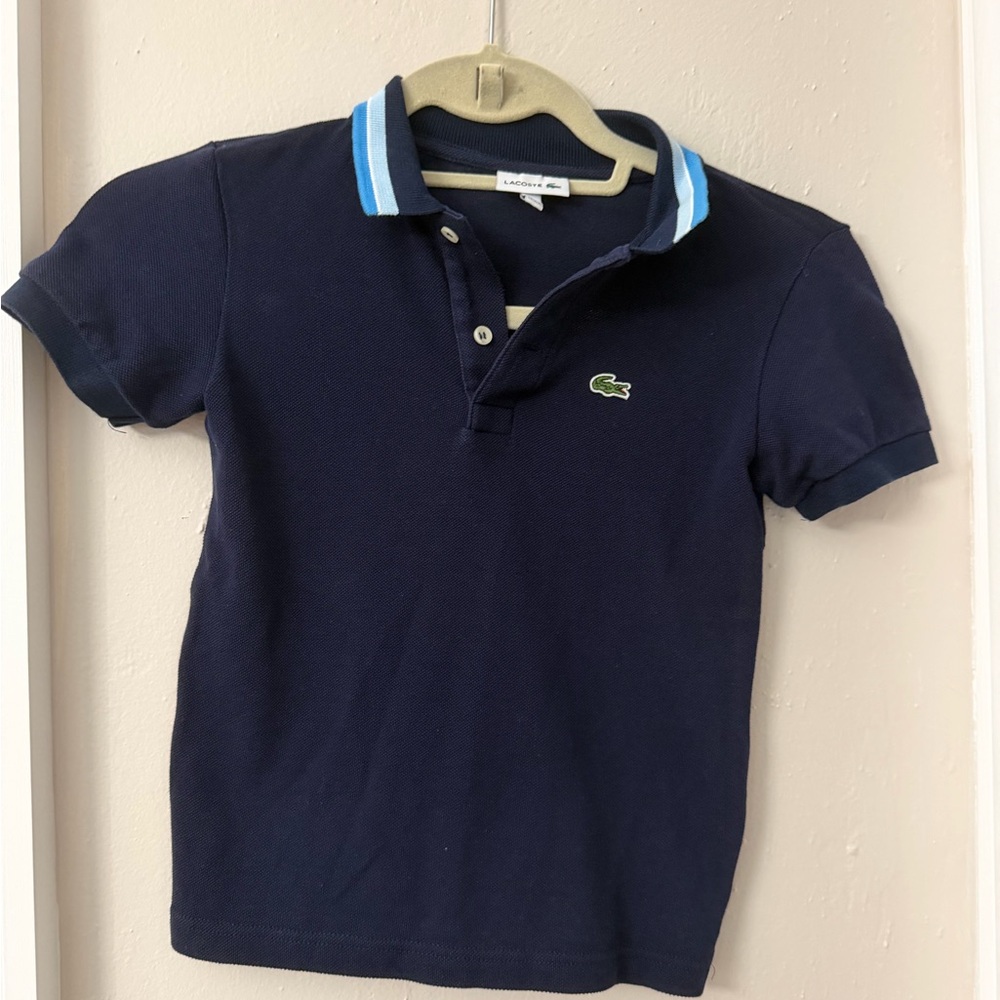 Lacoste girls/ boys Navy Polo Top with Light Blue Trim